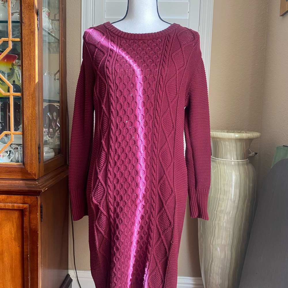 Pact Cable Knit Sweater Dress - Burgundy M
